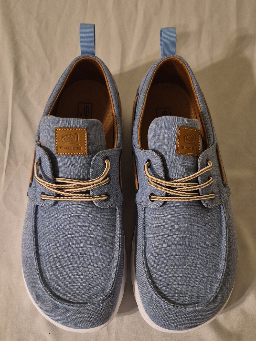 Skuze Men’s Light Blue Canvas Boat Shoes with Tan Accents